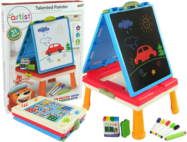 Leantoys 3-in-1 Magnetische Kreidetafel Blau – Kreidetafel mit Stuhl und Spieltisch – Lernspielzeug 3+ – Tisch für Spiele und Kreidetafel – Multifunktionales Spielzeug – Lernspielzeug – Whiteboard – Magnettafel