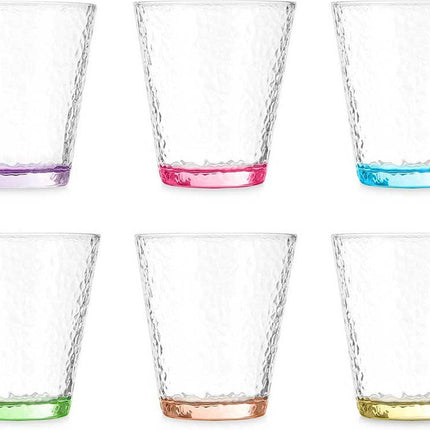 Vivalto Waterglazen/drinkglazen Colorama - 12x stuks - transparant/kleurenmix bodem - 375 ml - 9 x 10 cm