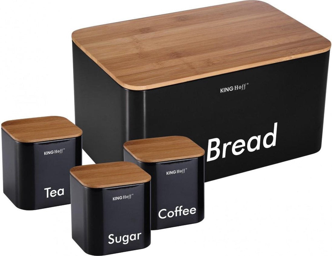 Kinghoff 1086 broodtrommel zwart met hout – set met voorraadbussen, RVS