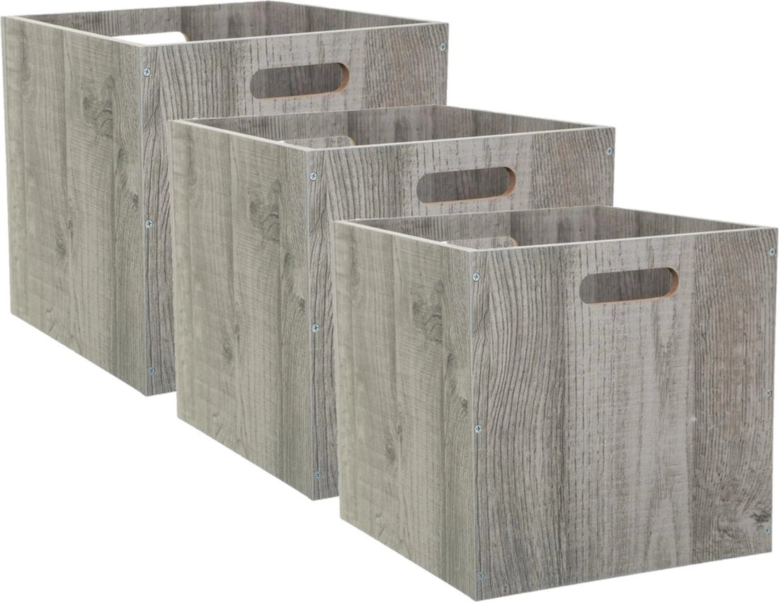 5Five Aufbewahrungskorb/Schrankkorb – 3er-Set – Grau gewaschen – 31 x 31 x 31 cm – 29 Liter – Regalkörbe – Holz – Faltbar – Kisten