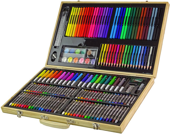 Holz-Malsset 180 Teile - Künstlermalset für Kinder im Koffer - Zeichenset mit Stiften, Kreiden und Farben - Kreatives Geschenk für Jungen und Mädchen - 180-teiliges Set -