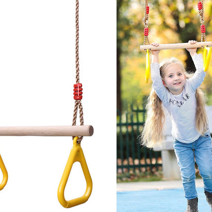 Houten schommelstoel, met plastic ringen - multifunctionele houten trapeze voor kinderen - Gymnastiek - Sport -  Voor maximaal gewicht 190 kg (geel)