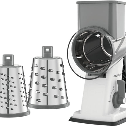 KINGHOFF Rotationsreibe - 3-in-1 Reibe mit austauschbaren Trommeln - Edelstahlklingen - Saugnapf - Grau - KH-1959