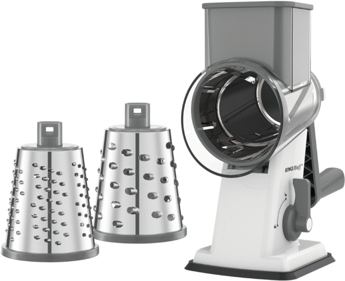 KINGHOFF Rotary Grater - 3-in-1 Grater with Interchangeable Drums - Stainless Steel Blades - Suction Cup - Gray - KH-1959