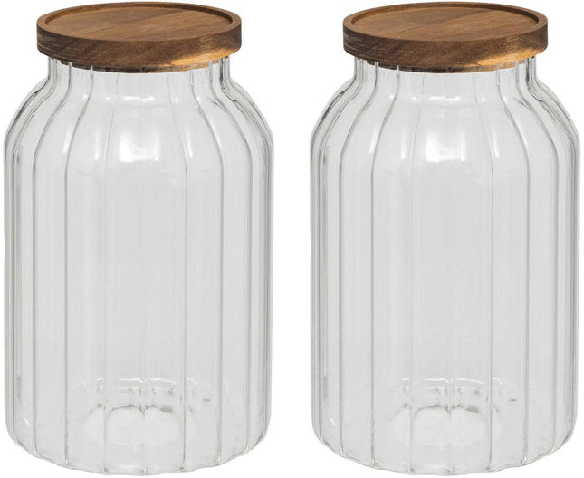 5Five voorraadpot Acacia hout - 2x - glas - 3L - 14 x 23 cm - keuken voorraadpotten - Voedsel/snoep/koekjes