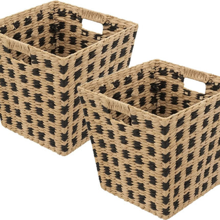 Geflochtener Korb aus Rattan - 2x - quadratisch - beige/schwarz - 31x31x31 cm - Schrank-/Badezimmerkörbe