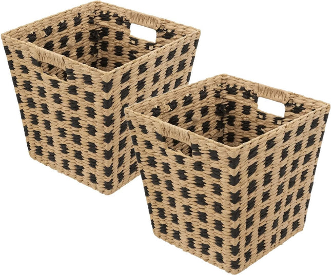 Geflochtener Korb aus Rattan - 2x - quadratisch - beige/schwarz - 31x31x31 cm - Schrank-/Badezimmerkörbe