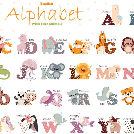 Wandaufkleber Englisches Alphabet - Lernbuchstaben für Kinderzimmer - 65x100 cm - Selbstklebender ABC-Aufkleber für Schulen und Kindergärten - Tierwörter - Alphabet lernen - Pädagogisch