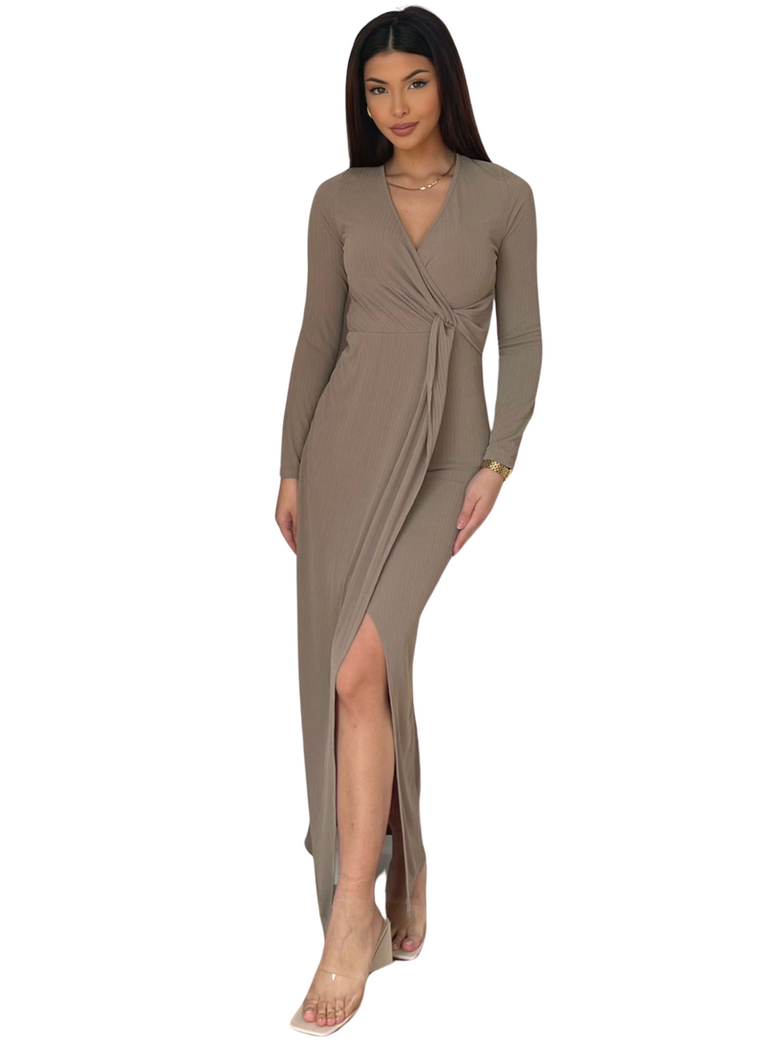 Donna Dress – damesjurk in taupe of olijfgroen, maat S, M en L