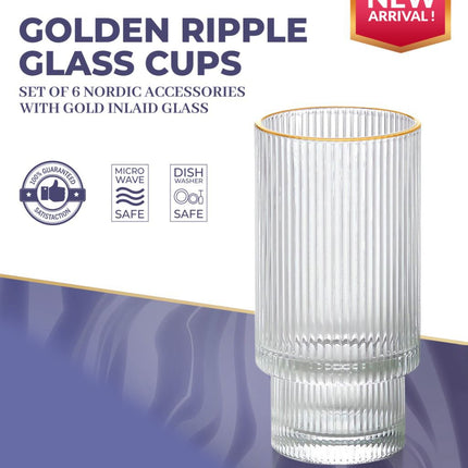 Ripple Longdrinkgläser - Goldrand - 6-teiliges Set - 295 ml - Stapelbar