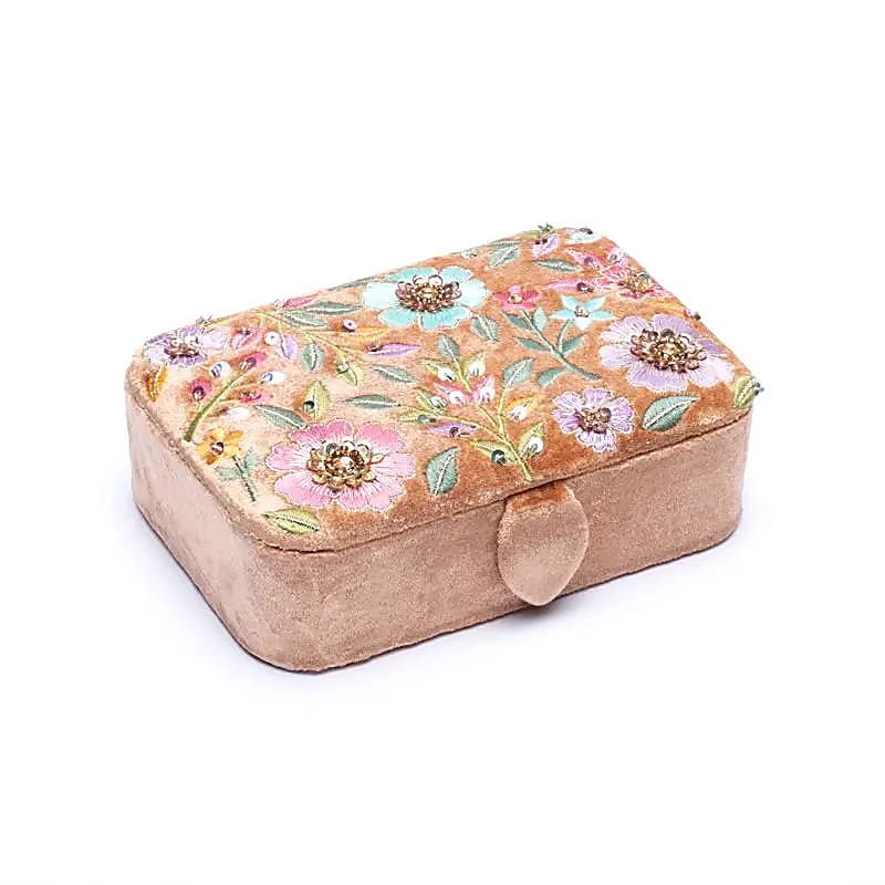 Boîte à bijoux / tarot en velours beige à fleurs