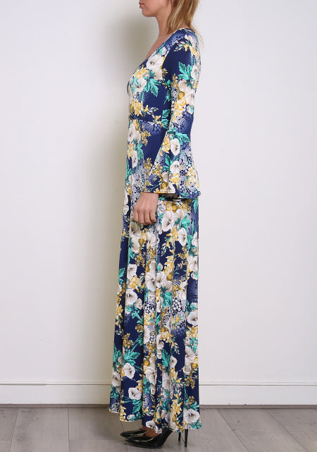 Robe longue florale bleue