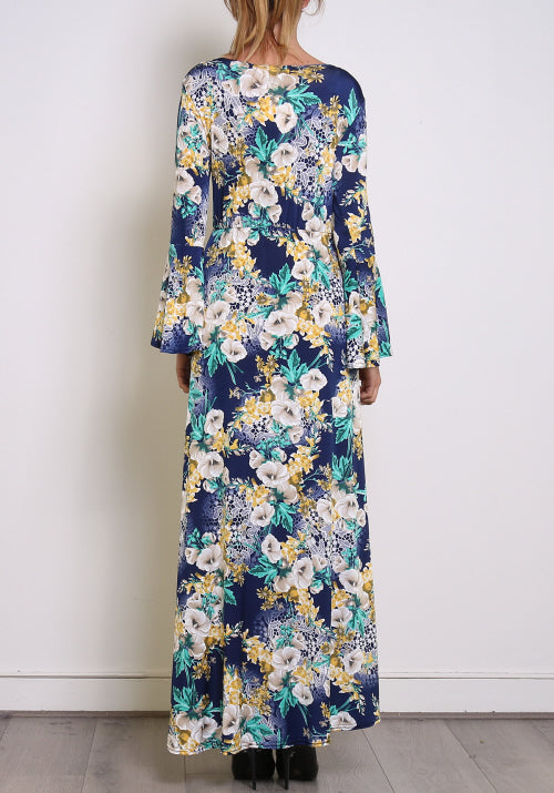 Robe longue florale bleue