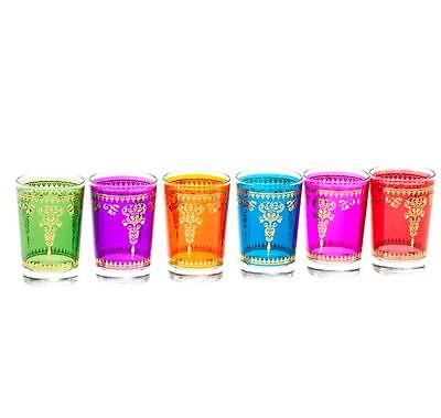 Bunte marokkanische Teegläser, verziert mit traditionellen goldenen Mustern (6er-Pack)