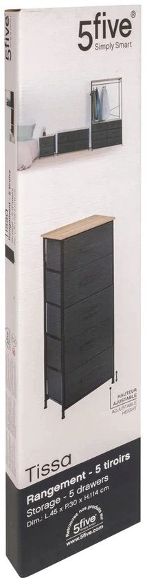 5Five Meuble de rangement Pisa - 5 paniers - gris - 45 x 30 x 114 cm - métal / bois / tissu - rangement