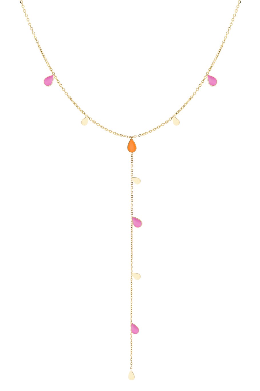 Long Enamel Drop Necklace – Gold-colored with Orange / Pink Drops – 45 cm (+ 5 cm Adjustable) – Stainless Steel