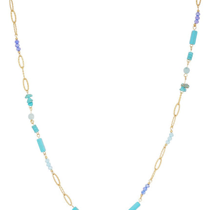 Lange Ketting met Blauwe en Turqoise Steentjes – Goudkleurig – 90 cm – Verkleurt Niet (Kristal & RVS)