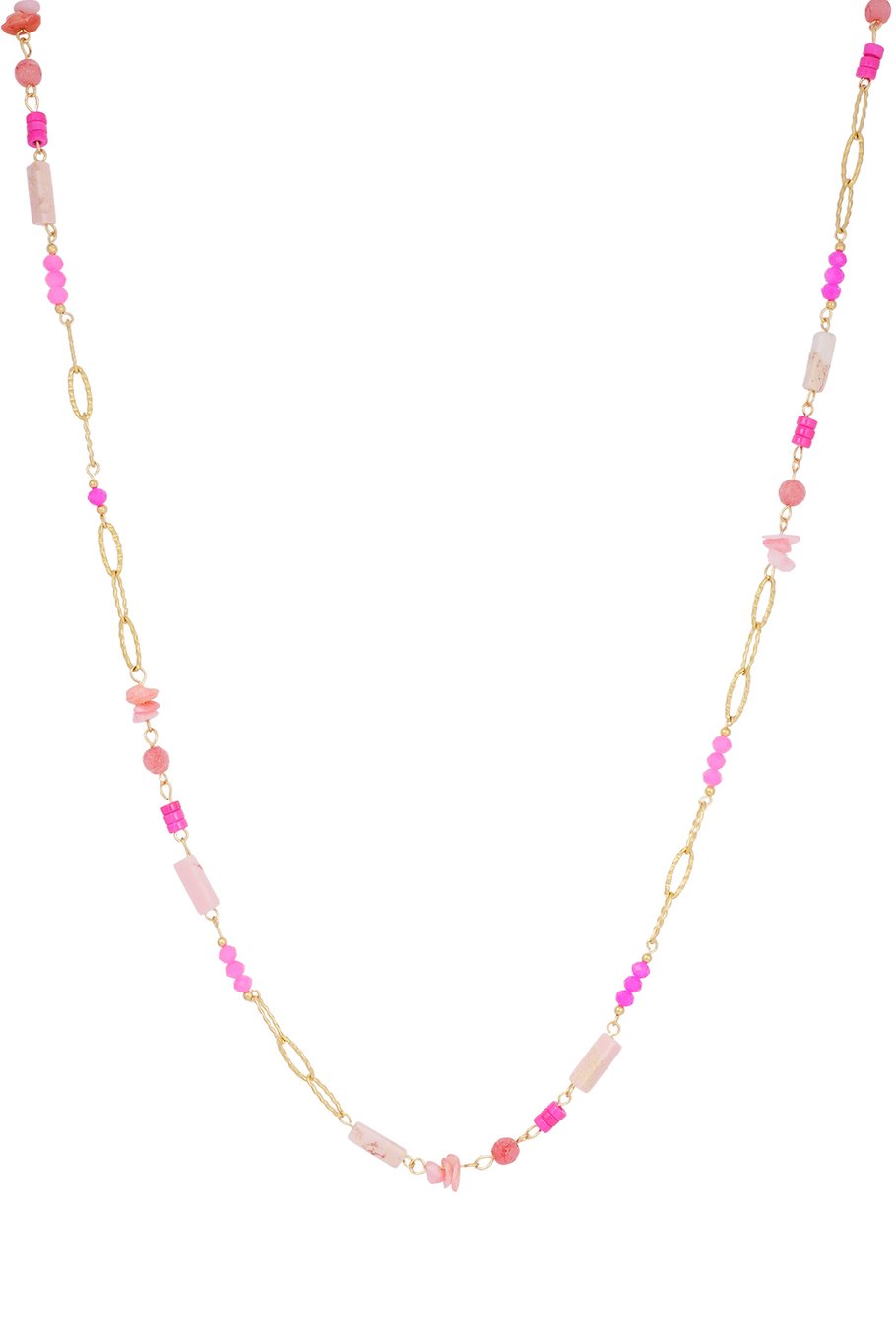 Lange gekleurde ketting dames – roze en paarse steentjes, goudkleurig, 90 cm