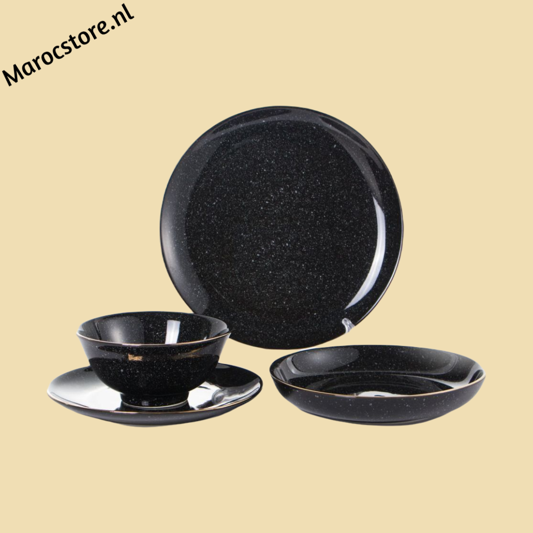 Service de table 24 pièces 6 Personnes - Noir et Blanc avec bords dorés