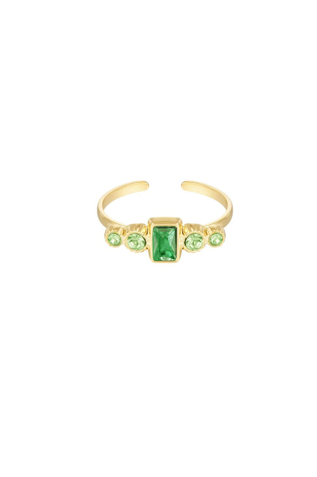 Gouden Ring met Groene Strass Steen – Stainless Steel Sieraad – One Size Adjustable – Stijlvolle Statement Ring – Groen & Goud