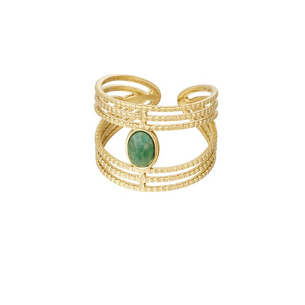 Goldener Ring mit grünem Stein – Edelstahlschmuck – Einheitsgröße – Schicker Statement-Ring – Grün & Gold – Lagen-Design