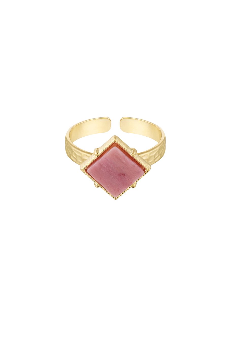 Gold-Colored Open Ring – Pink Diamond-Shaped Stone – Stainless Steel – One Size
