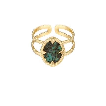 Goldener Ring mit grünem Stein - Naturstein – Trendiger Edelstahlschmuck – One Size verstellbar – Schicker Ring –