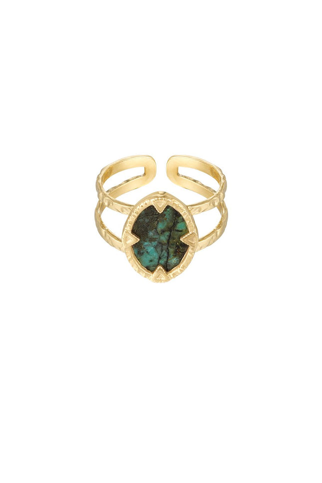 Gouden Ring met Groene Steen - Natuursteen – Trendy Stainless Steel Sieraad – One Size Verstelbaar – Chique Ring –
