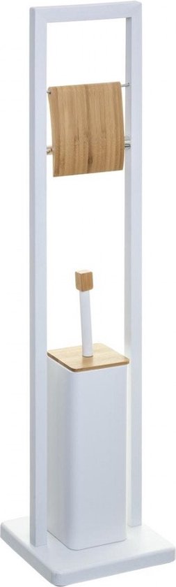 Toilettenpapierhalter Stehend - Metall mit Bambus - Weiß - inkl. WC-Bürste