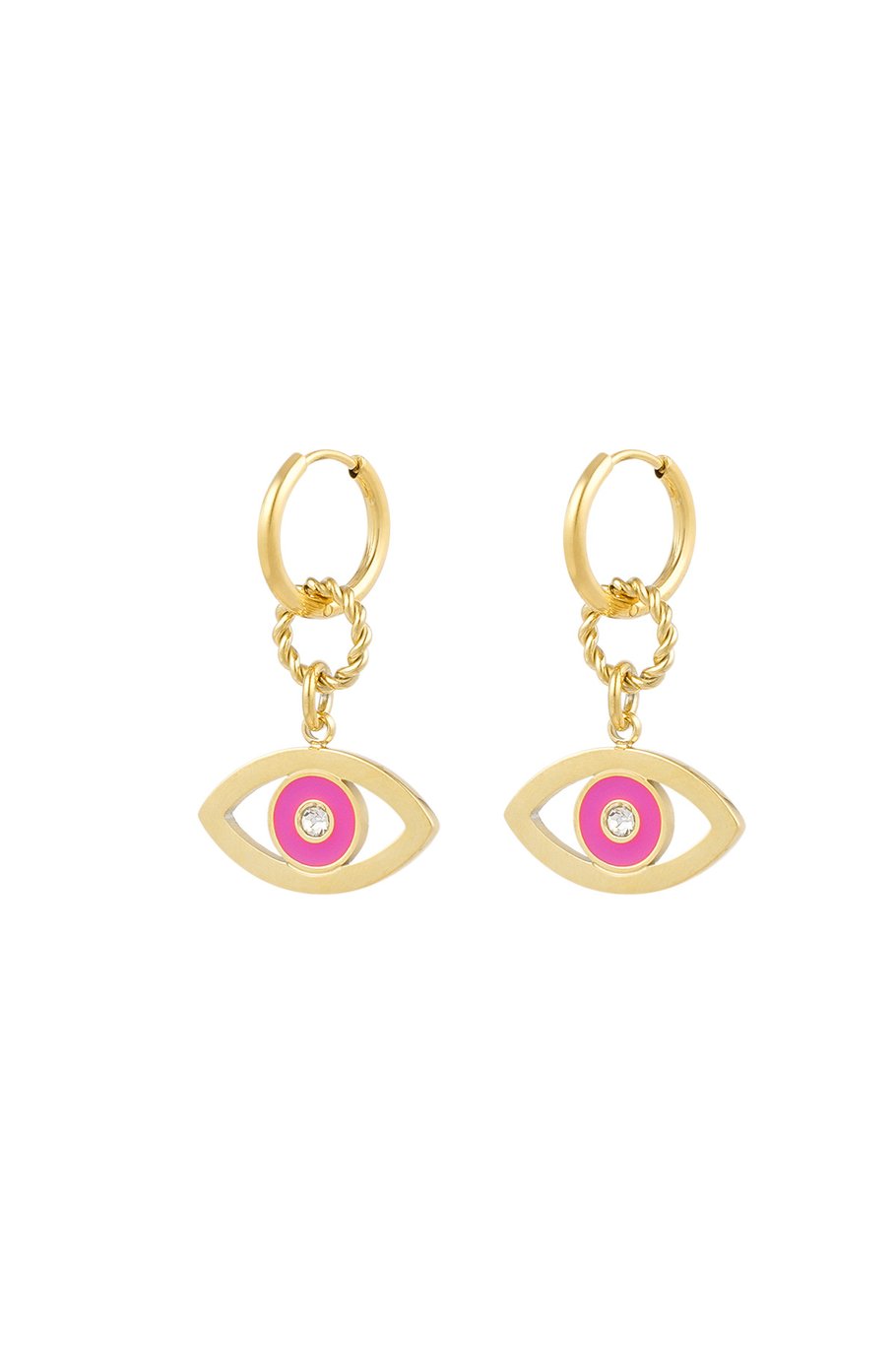Set of 2 Eye Design Earrings - Gold-colored with Pink Enamel & Silver Rhinestones - 1.8 x 3.0 cm