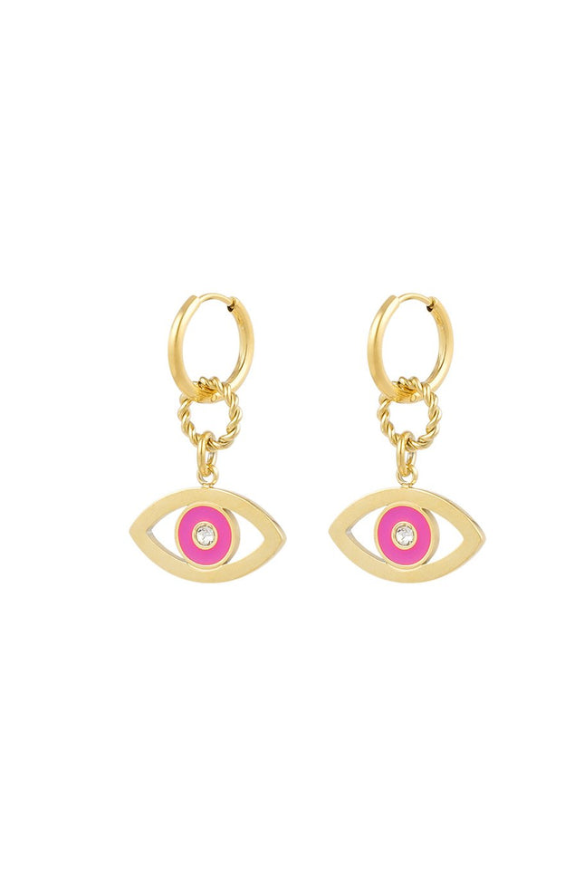 Set van 2 Oorbellen Eye Design - Goudkleurig met Roze Enamel & Zilver Strass Steentjes - 1,8 x 3,0 cm