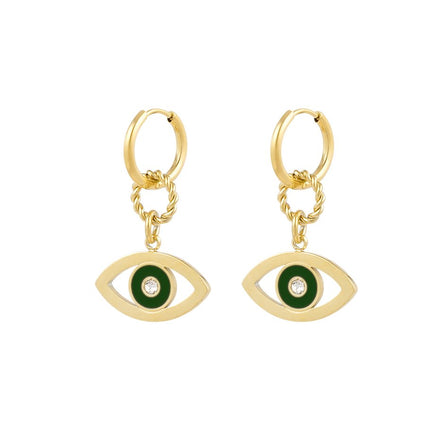 Set aus 2 Ohrringen Eye Design - Goldfarben mit grünem Email & silbernen Strasssteinen - 1,8 x 3,0 cm