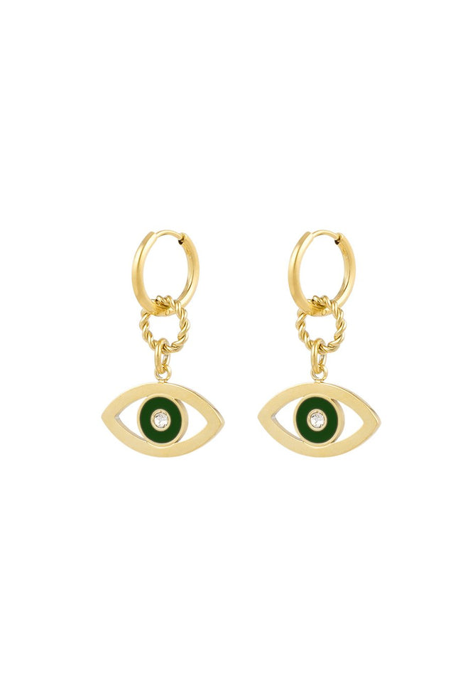 Set van 2 Oorbellen Eye Design - Goudkleurig met Groen Enamel & Zilver Strass Steentjes - 1,8 x 3,0 cm