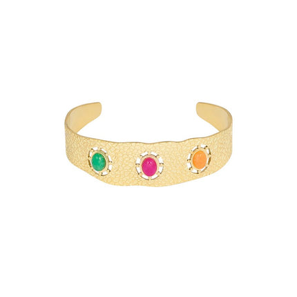 Boho Armband - Goldfarbener Edelstahl mit 3 Steinen (Grün, Rosa, Orange) - 1,8 cm x 5 cm