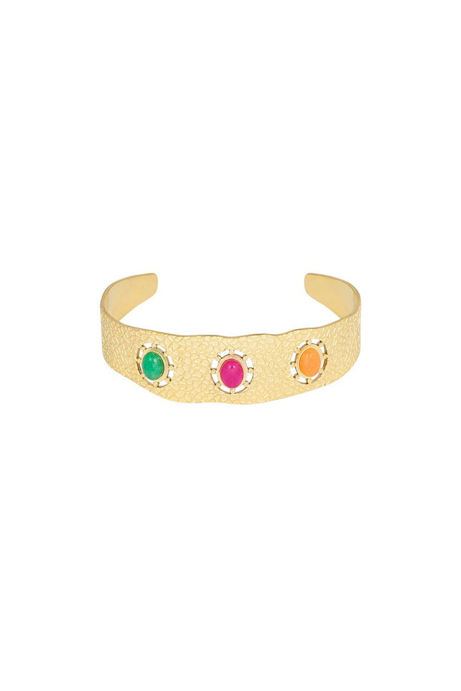 Bohemian Armband - Goudkleurig Stainless Steel met 3 Steentjes (Groen, Roze, Oranje) - 1,8 cm x 5 cm