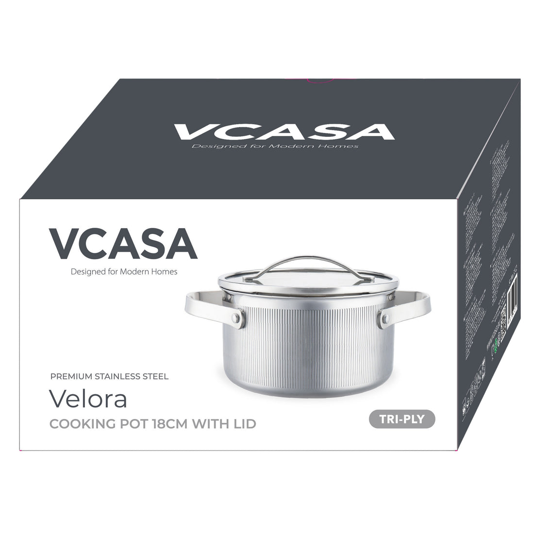Vcasa kookpan 18 cm met afgietdeksel, 2,1 liter, rvs tri-ply, Velora