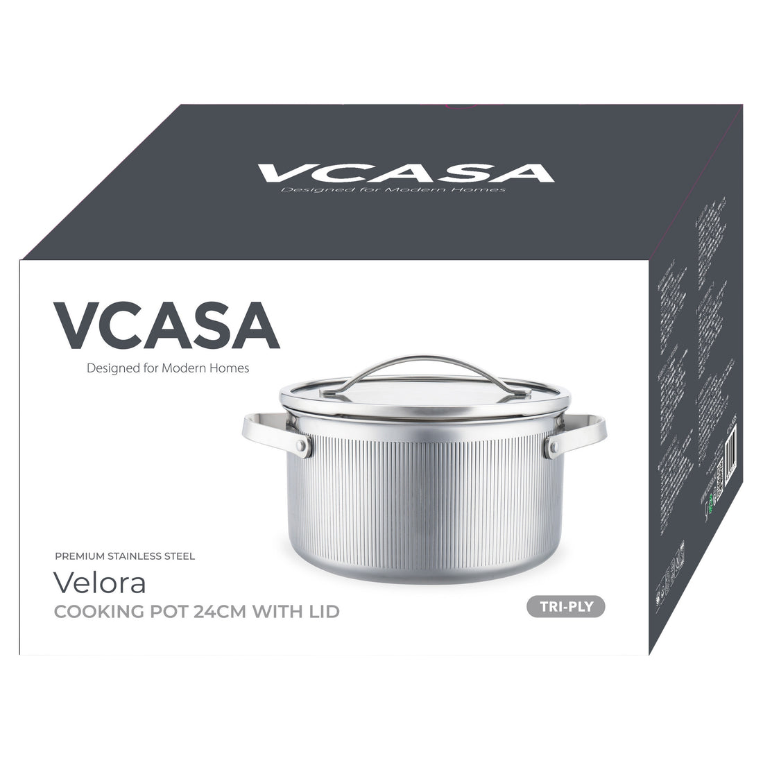 Vcasa kookpan 24 cm met afgietdeksel, 5,8 liter, 304 rvs tri-ply, Velora