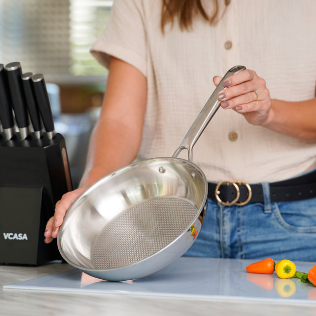 Vcasa rvs koekenpan 24 cm, 2 liter, tri-ply met honingraatstructuur, Velora