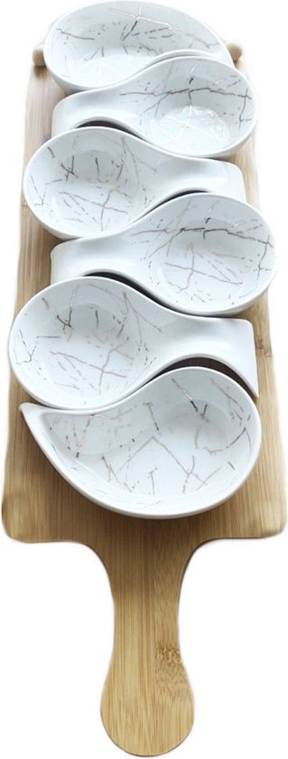 Serveerplank met 6 schaaltjes in marmerlook, wit, 45 x 15 cm