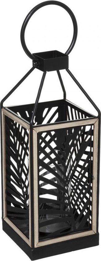 Lanterne - photophore - noir - bois - 38 cm - verre intérieur inclus