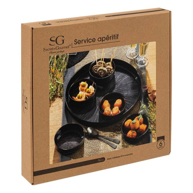 Tapas-set Astra - Glazen Serveerschaal 6-delig - 34 x 5 cm - Zwart
