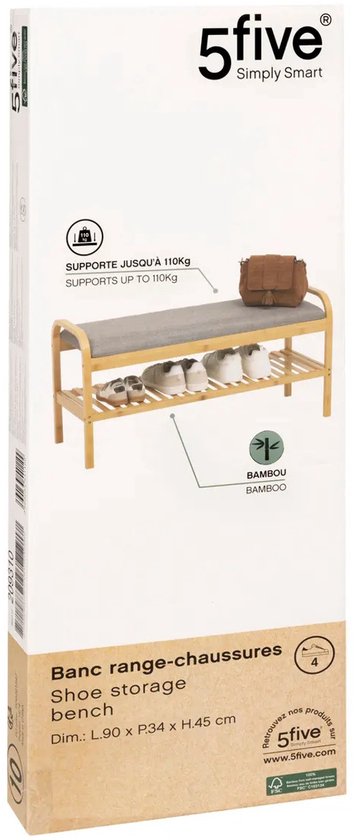 5Five Schoenenrek Bankje - 2-laags - bamboe / kunststof - 90 x 34 x 45 cm - voor 4 paar schoenen