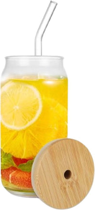 Drinkglas - Smoothie Glas - Ijskoffie Glas - Glas met Bamboe Deksel en Rietje - Herbruikbaar Drinkglas - 550ml - 16.1 x 7.7 cm - Transparant