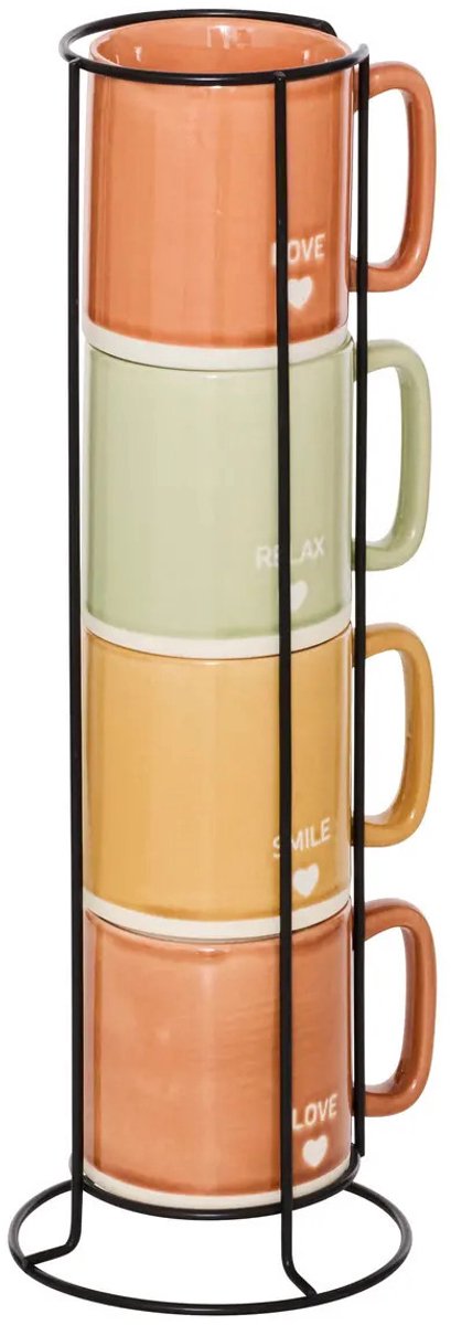 Secret de Gourmet Koffie mokken/bekers Earth - 4x stuks in metalen rekje - Keramiek - glans afwerking - 340 ml - 7 x 9 cm