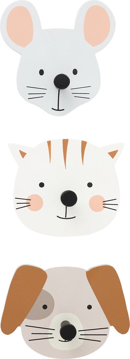 Atmosphera Kids Patères Animaux - Lot de 3 - Souris, chat et chien - Multicolore