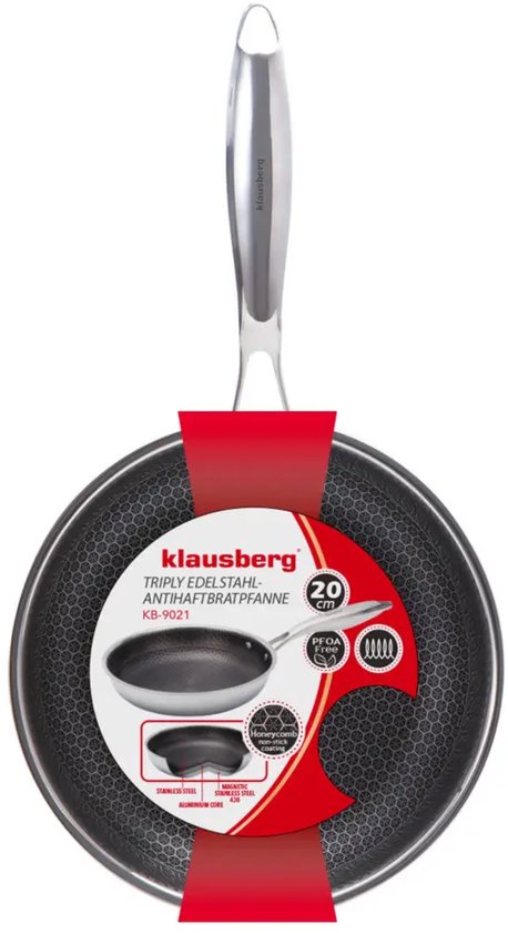 Klausberg 9021 - Poêle à frire, revêtement antiadhésif à structure nid d'abeille - 20 cm - 3 couches - acier inoxydable 304 - sans PFOA