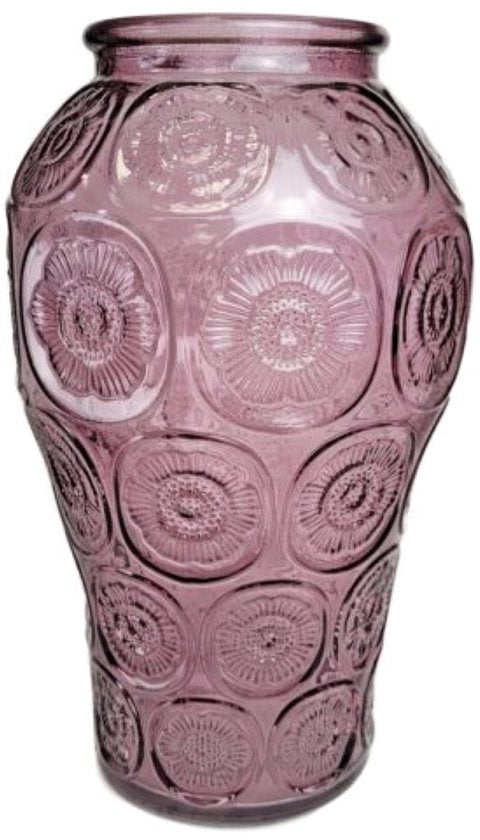 MPLCo glazen vaas met bloemenreliëf – transparant paars, Ø 9,5 x 24 cm