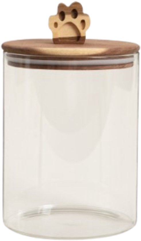 Homla - Animali Hondensnack Bewaarpot - Dierenvoer Voorraadpot met Pootafdruk - Glazen Snoeppot voor Honden - Snackpot met Houten Deksel - 1.7 Liter - Glas en Hout - Ø13 x 21 cm - Transparant