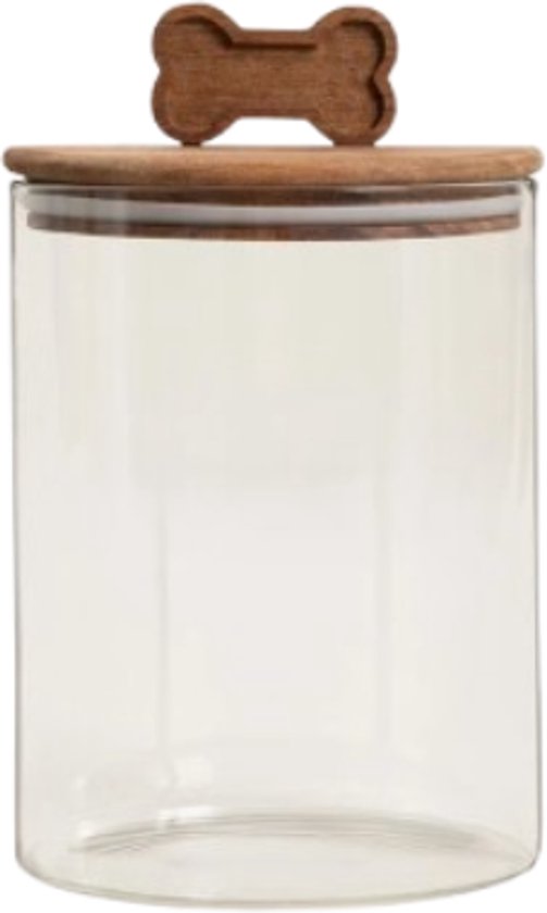 Homla - Animali Hondensnack Bewaarpot - Dierenvoer Voorraadpot - Glazen Snoepjespot voor Huisdieren - Voeropslag met Houten Deksel - 1.7 Liter - Glas en Hout - Ø13 x 21 cm - Transparant