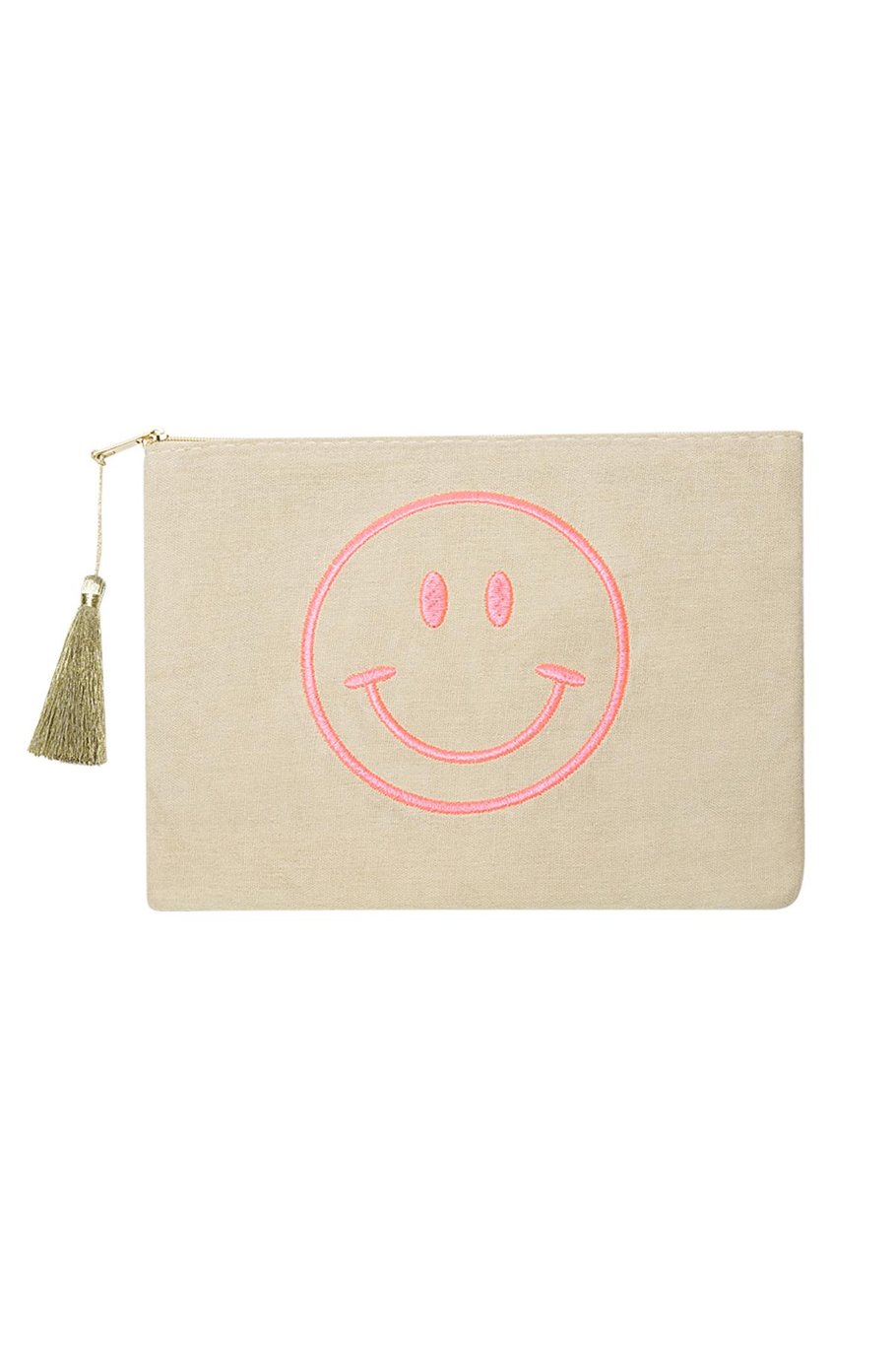 Trousse de maquillage Smiley - Trousse cosmétique en coton beige et rose (22 x 16 cm) - Avec pompon et broderie - Idéal pour le maquillage, les bijoux ou les accessoires de voyage